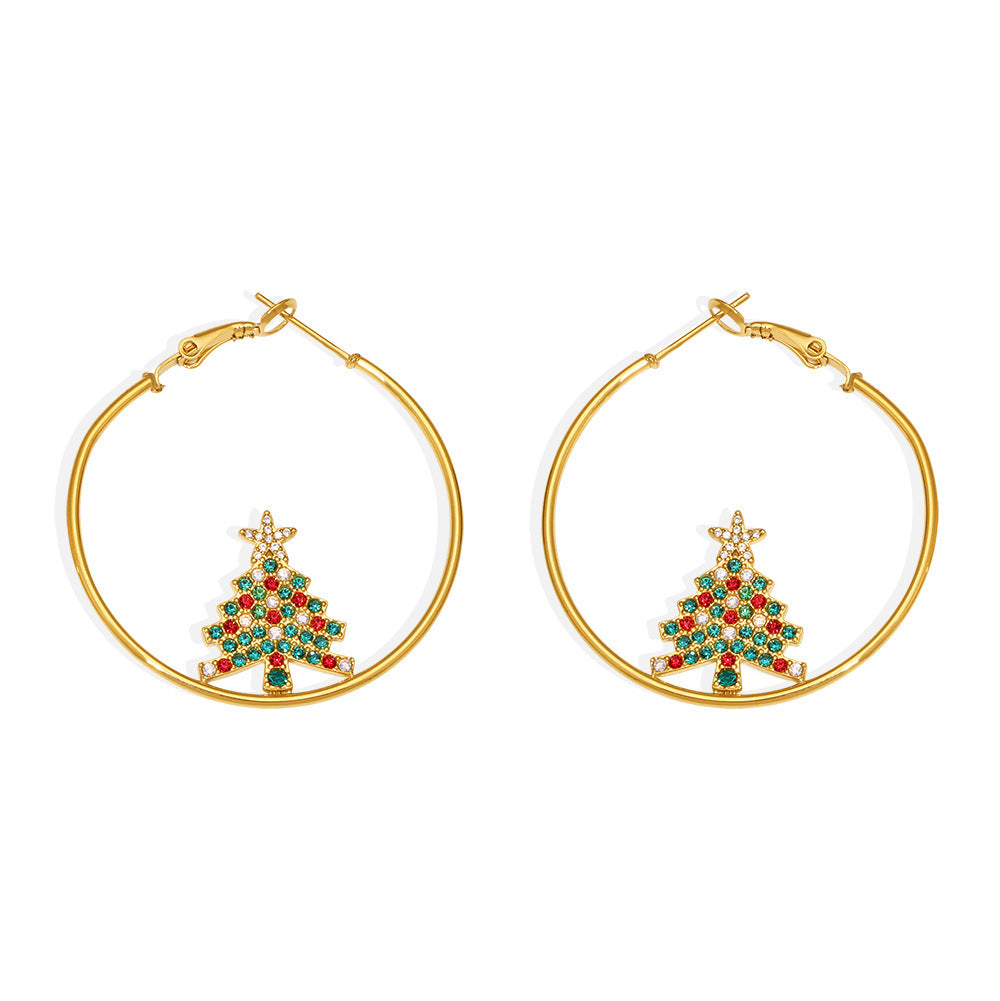 Stainless Steel Rainbow Zircon Christmas Tree Hoop Earrings