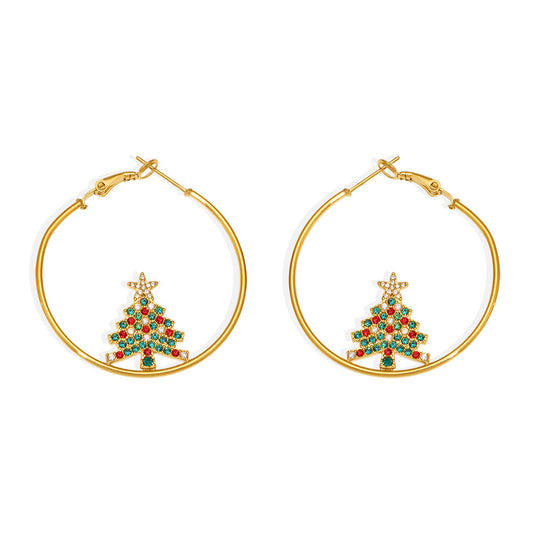 Stainless Steel Rainbow Zircon Christmas Tree Hoop Earrings