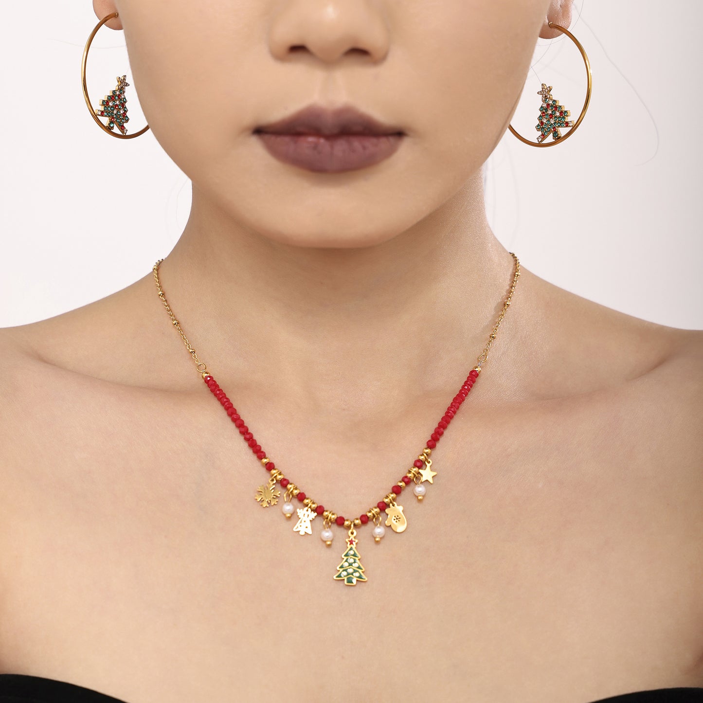 Stainless Steel Rainbow Zircon Christmas Tree Hoop Earrings