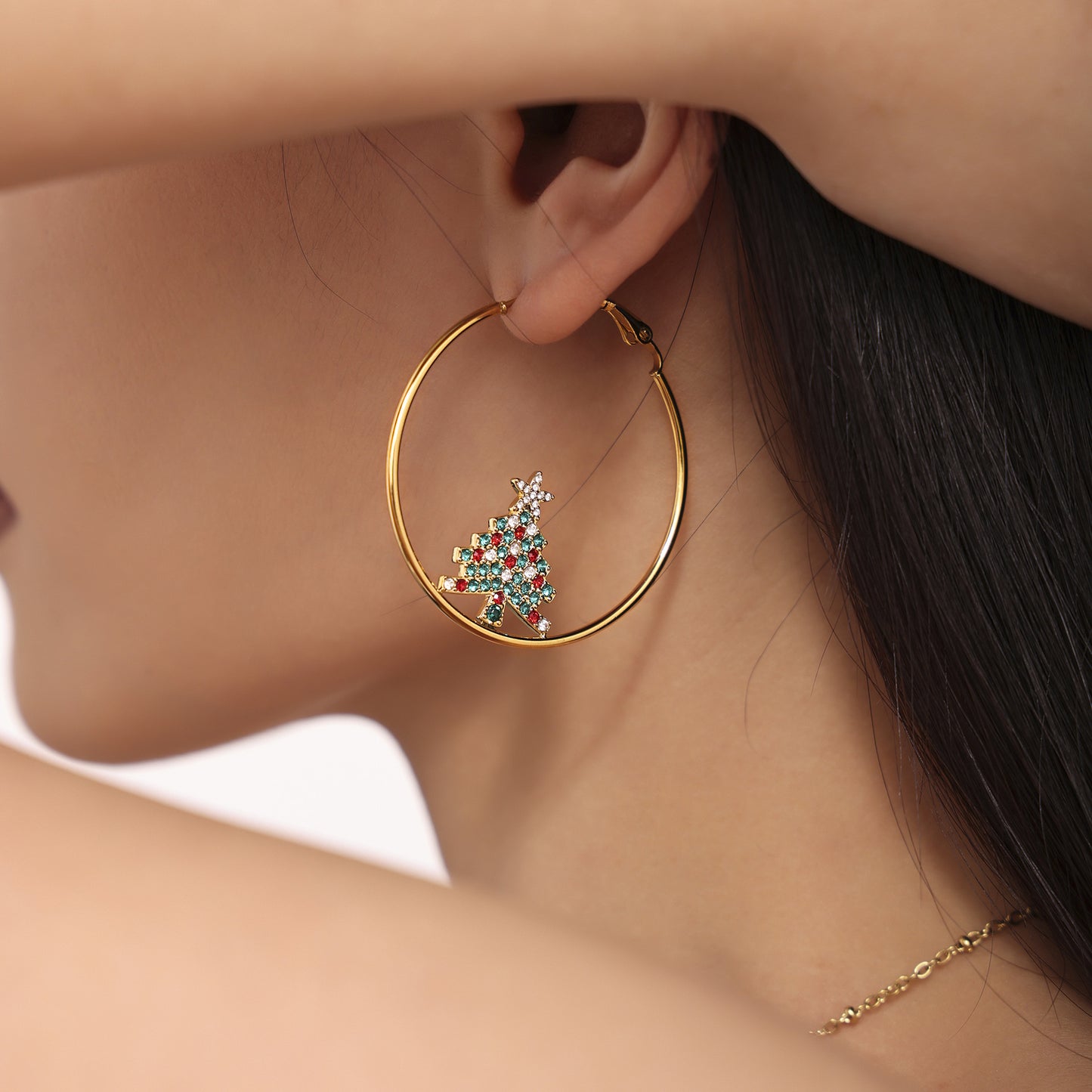 Stainless Steel Rainbow Zircon Christmas Tree Hoop Earrings