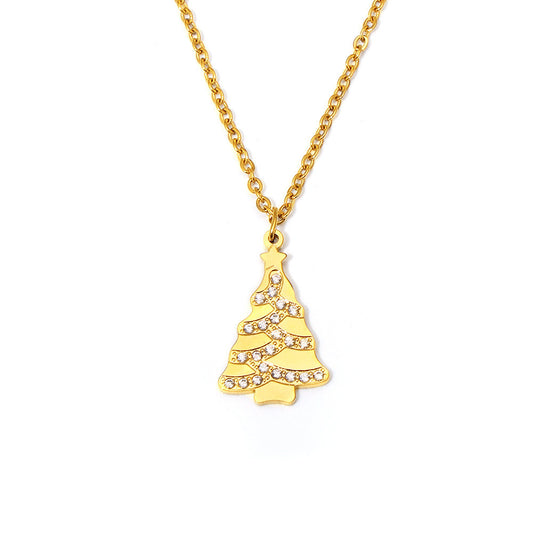 Stainless Steel 18K Gold PVD Christmas Tree Zircon Pendant Necklace