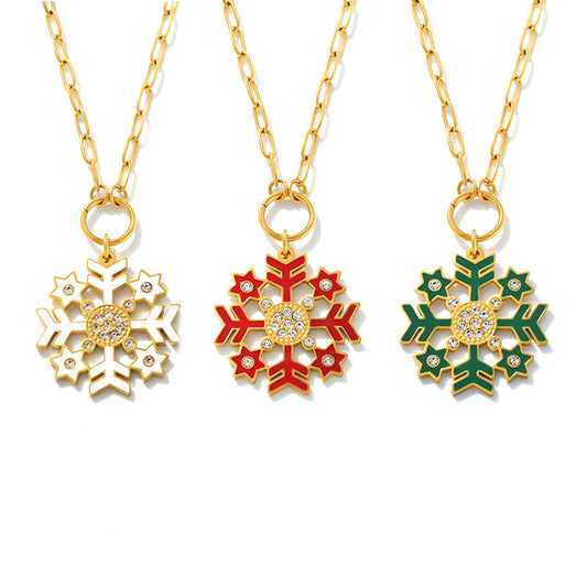 Stainless Steel Zircon Oil-dripping Christmas Snowflake Pendant Necklace