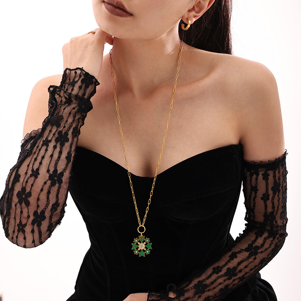 Stainless Steel Zircon Oil-dripping Christmas Snowflake Pendant Necklace