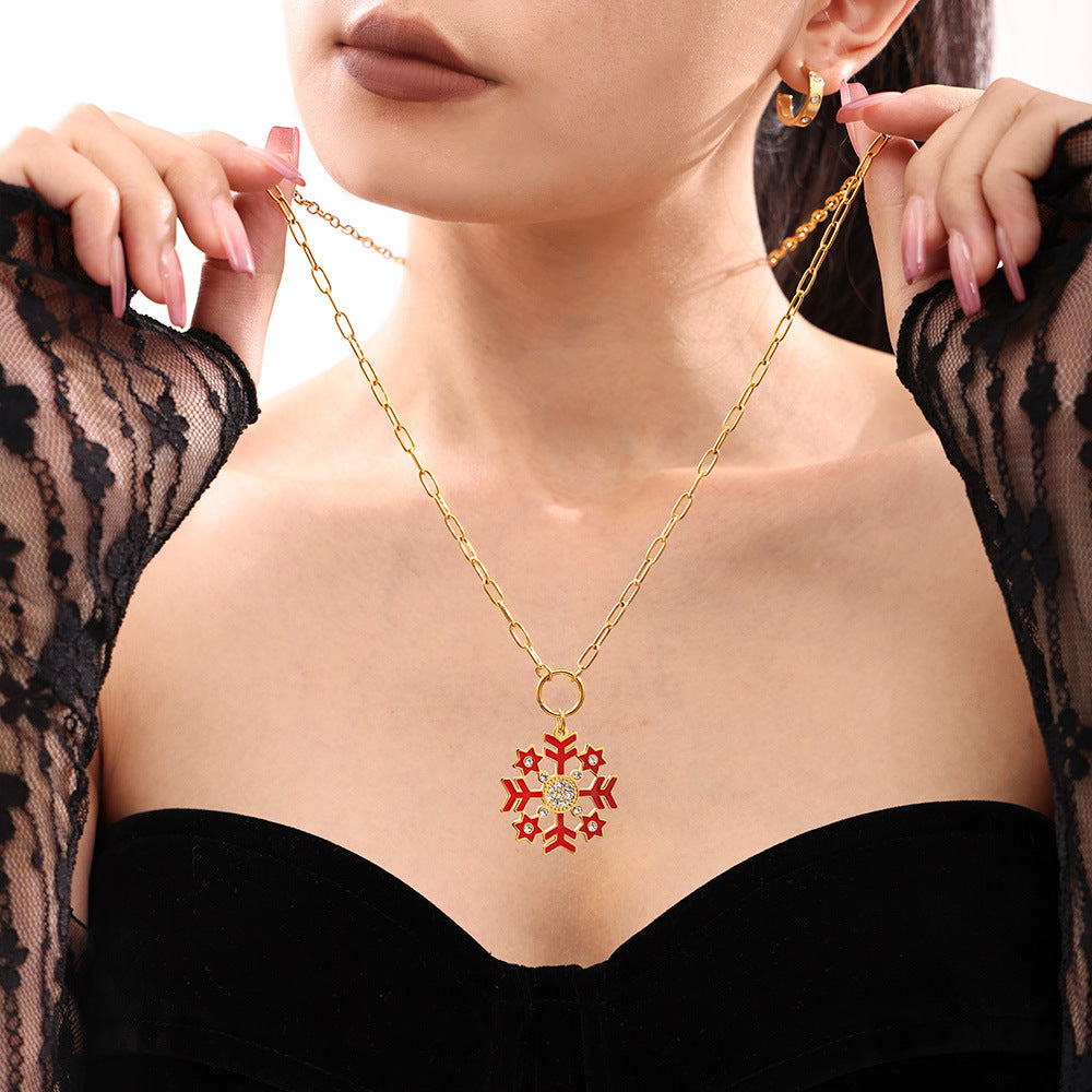 Stainless Steel Zircon Oil-dripping Christmas Snowflake Pendant Necklace