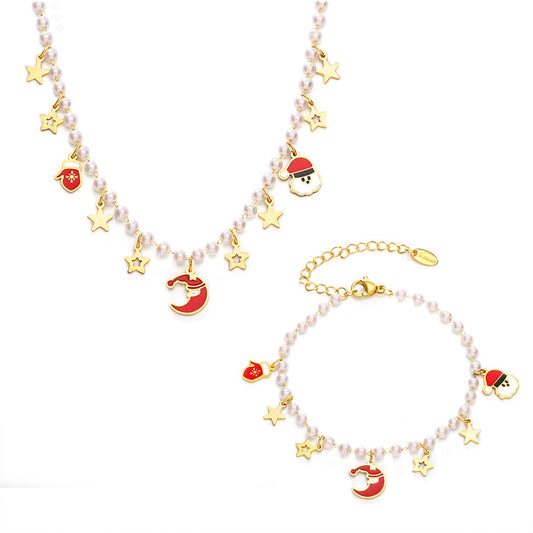 Stainless Steel Enamel Christmas Element Pendant Imitation Pearl Necklace Bracelet Jewelry Suit