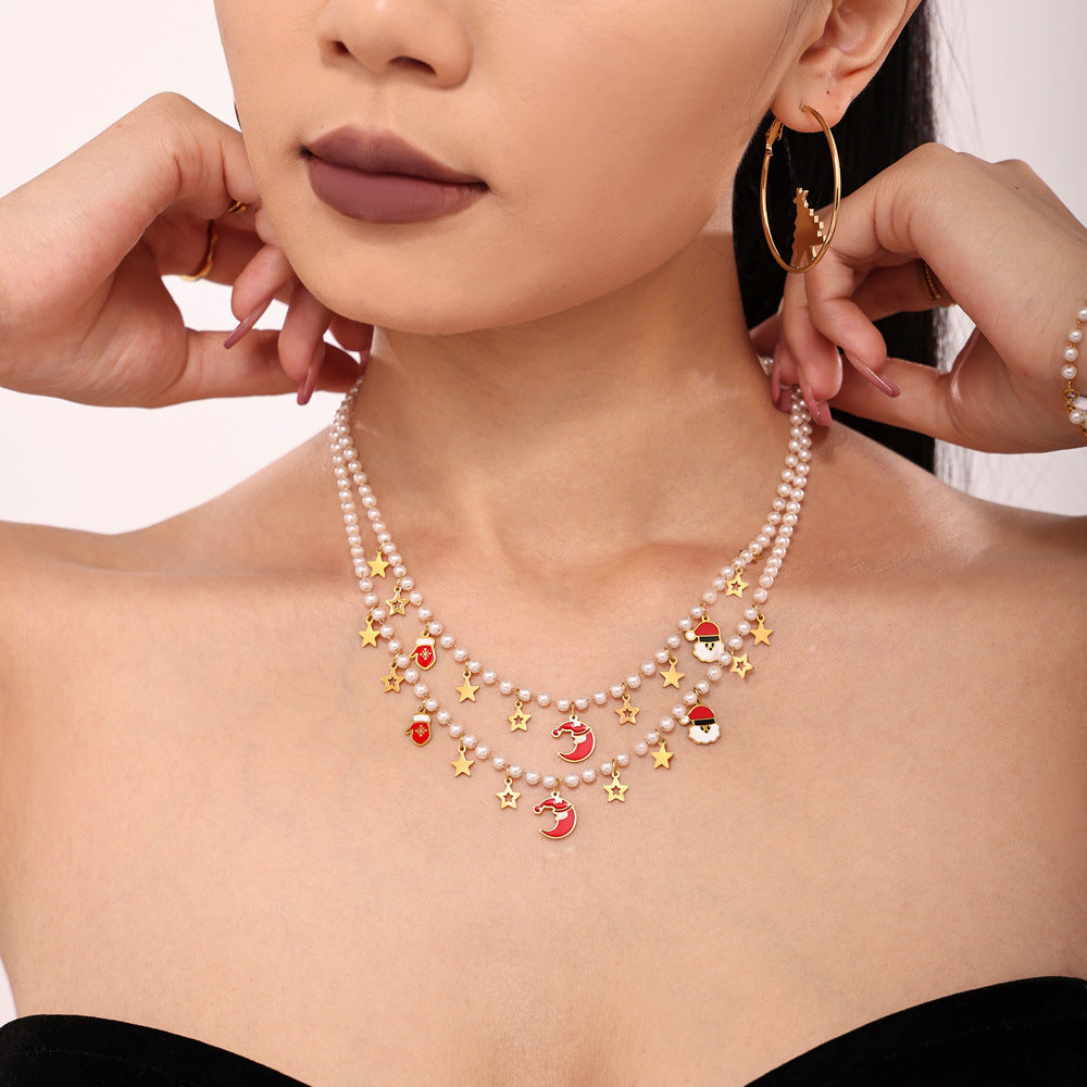 Stainless Steel Enamel Christmas Element Pendant Imitation Pearl Necklace Bracelet Jewelry Suit