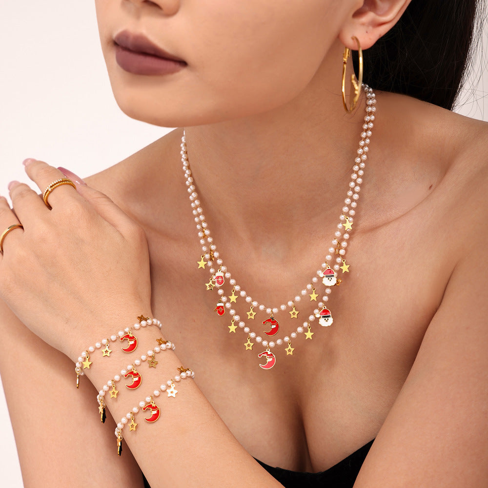 Stainless Steel Enamel Christmas Element Pendant Imitation Pearl Necklace Bracelet Jewelry Suit