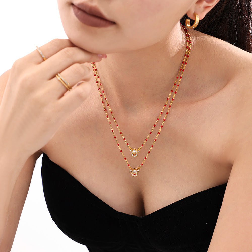 Stainless Steel Bell Milu Deer Zircon Necklace