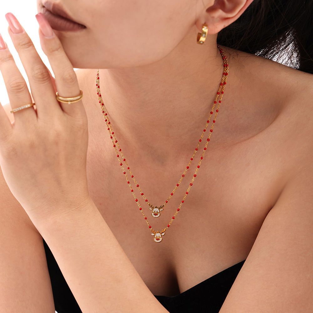 Stainless Steel Bell Milu Deer Zircon Necklace