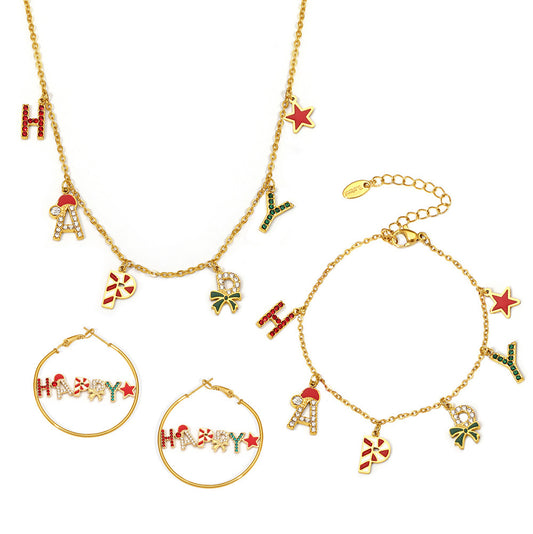 Stainless Steel Christmas Zircon HAPPY Letter Necklace Bracelet Earrings Jewelry Suit