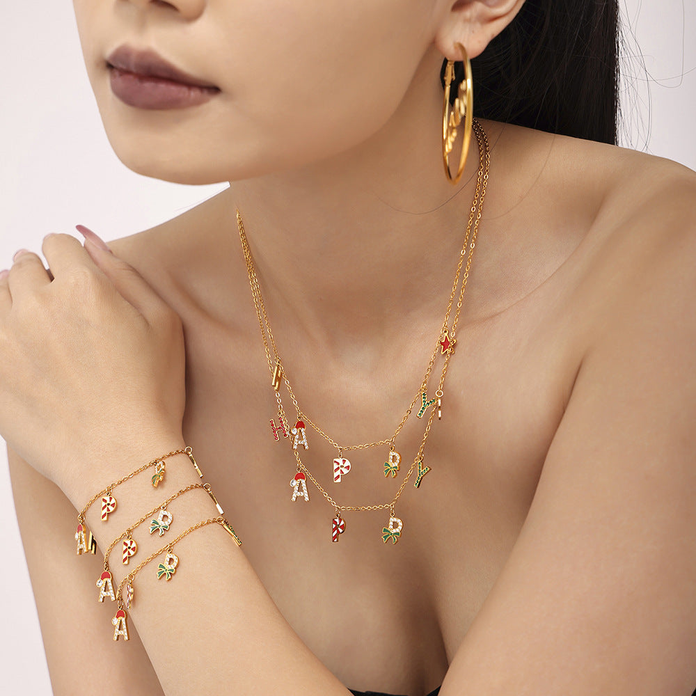 Stainless Steel Christmas Zircon HAPPY Letter Necklace Bracelet Earrings Jewelry Suit