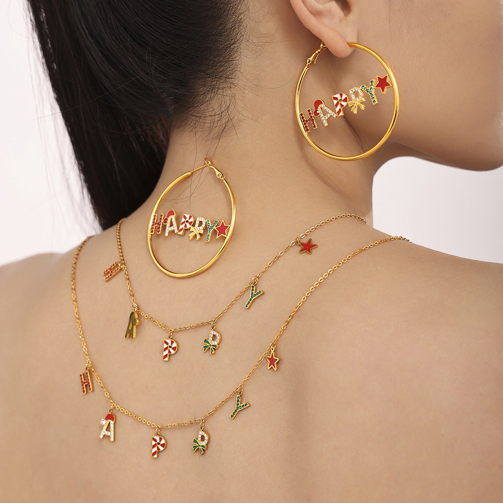 Stainless Steel Christmas Zircon HAPPY Letter Necklace Bracelet Earrings Jewelry Suit
