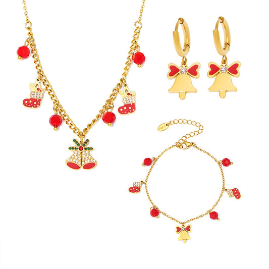 Stainless Steel Christmas Zircon Bell Necklace Bracelet Earrings Jewelry Suit