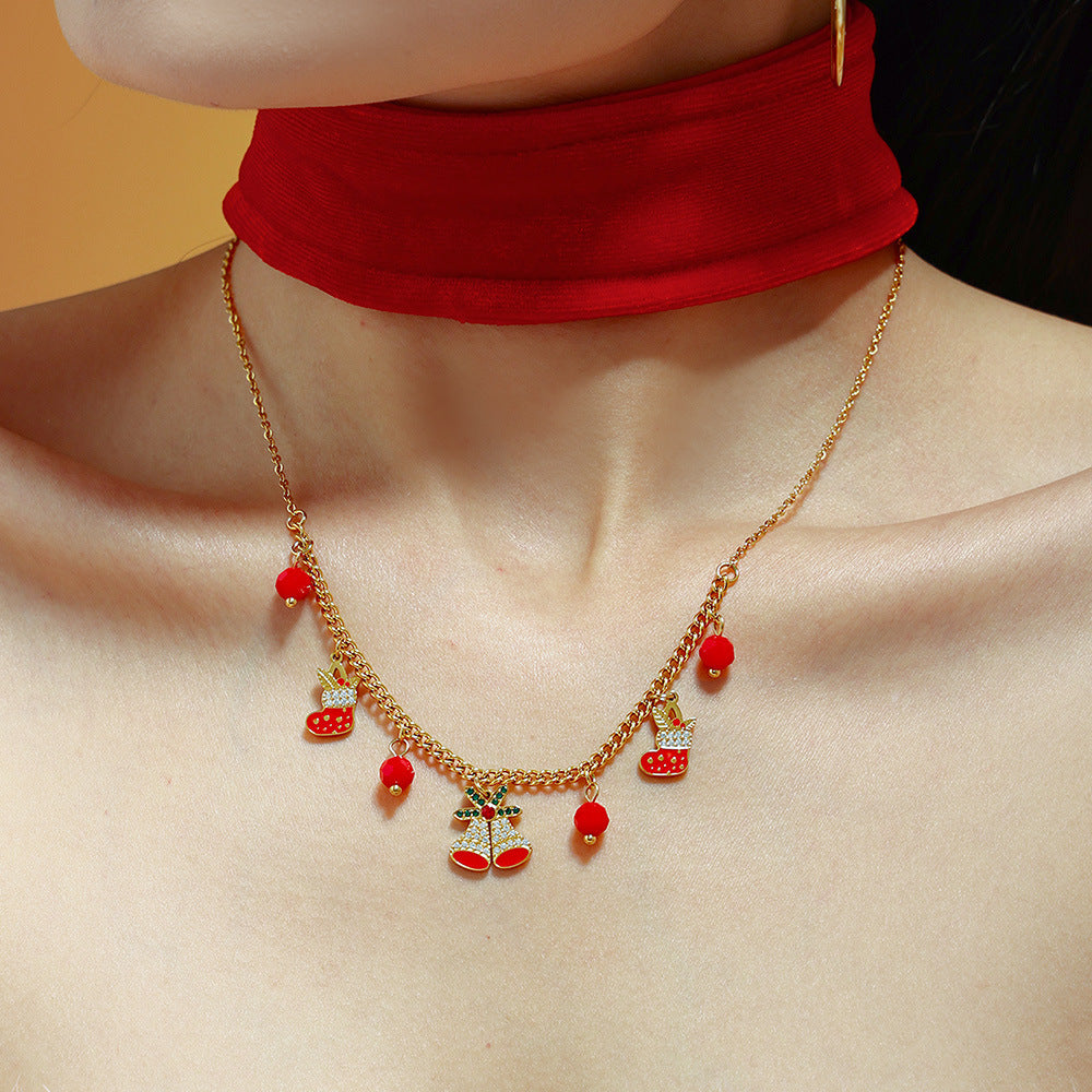 Stainless Steel Christmas Zircon Bell Necklace Bracelet Earrings Jewelry Suit
