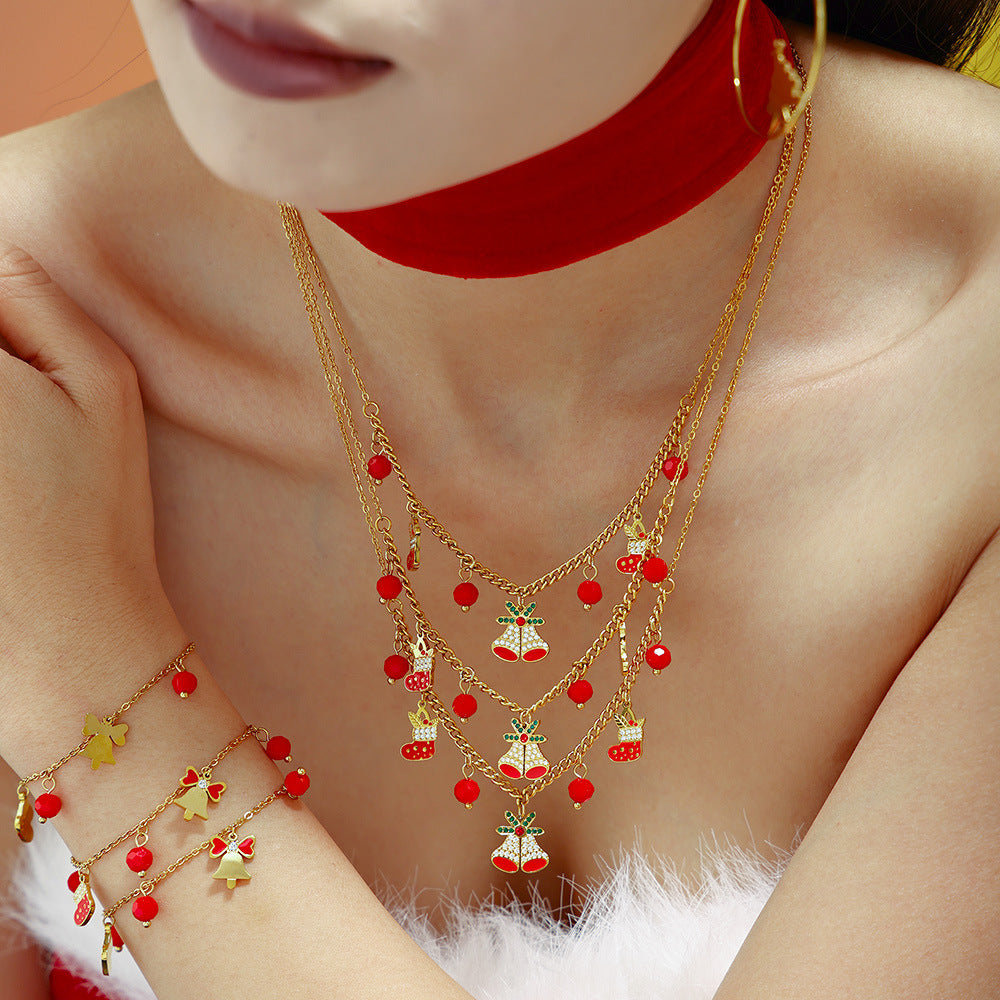 Stainless Steel Christmas Zircon Bell Necklace Bracelet Earrings Jewelry Suit
