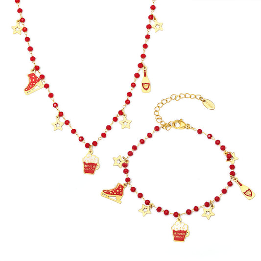 Stainless Steel Garnet Beaded Necklace Bracelet Jewelry Suit