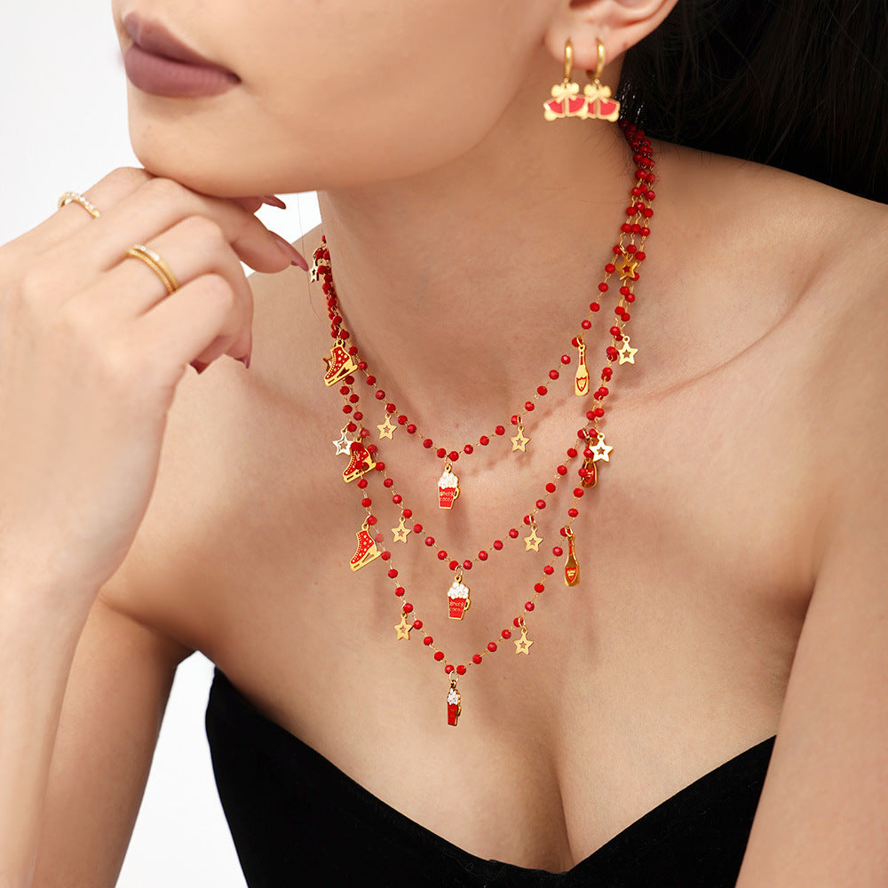 Stainless Steel Garnet Beaded Necklace Bracelet Jewelry Suit