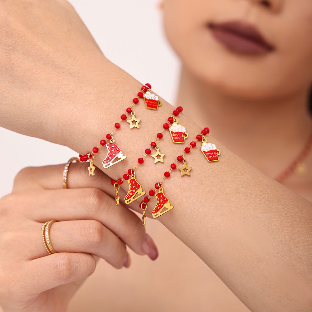 Stainless Steel Garnet Beaded Necklace Bracelet Jewelry Suit