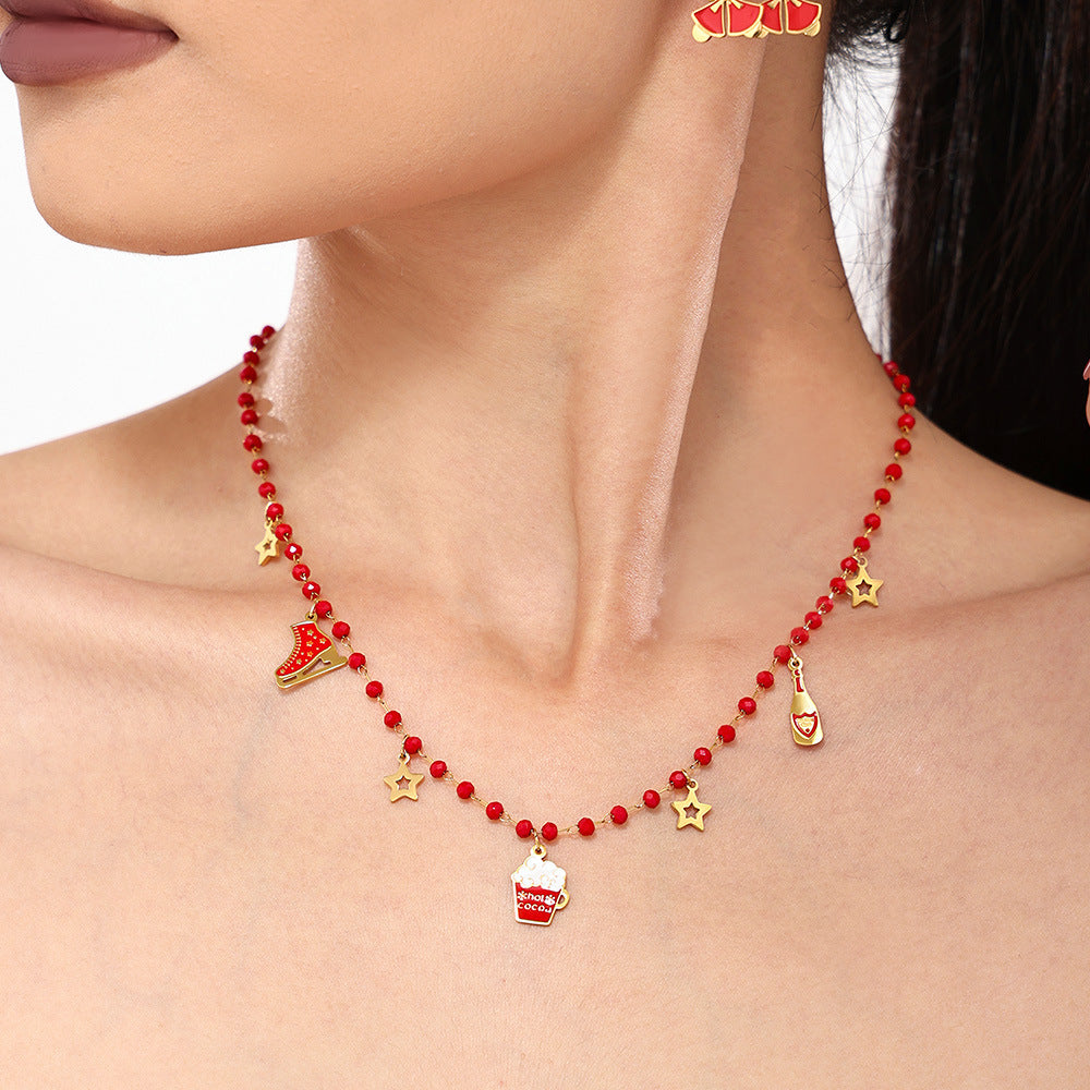 Stainless Steel Garnet Beaded Necklace Bracelet Jewelry Suit