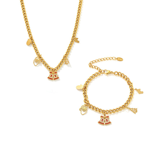 Stainless Steel Christmas Zircon Bell Necklace Bracelet Jewelry Suit