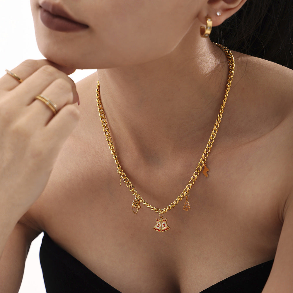 Stainless Steel Christmas Zircon Bell Necklace Bracelet Jewelry Suit