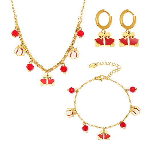 Stainless Steel Garnet Christmas Element Geometric Pendant Necklace Bracelet Earrings Jewelry Suit
