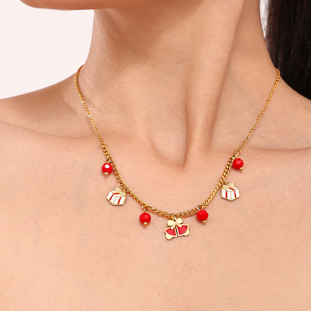 Stainless Steel Garnet Christmas Element Geometric Pendant Necklace Bracelet Earrings Jewelry Suit