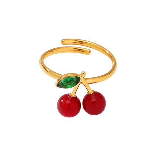 Stainless Steel 18K Gold PVD Rhinestone Resin Cherry Ring