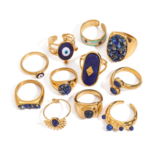 Stainless Steel Blue Color Natural Stone Ring Collection