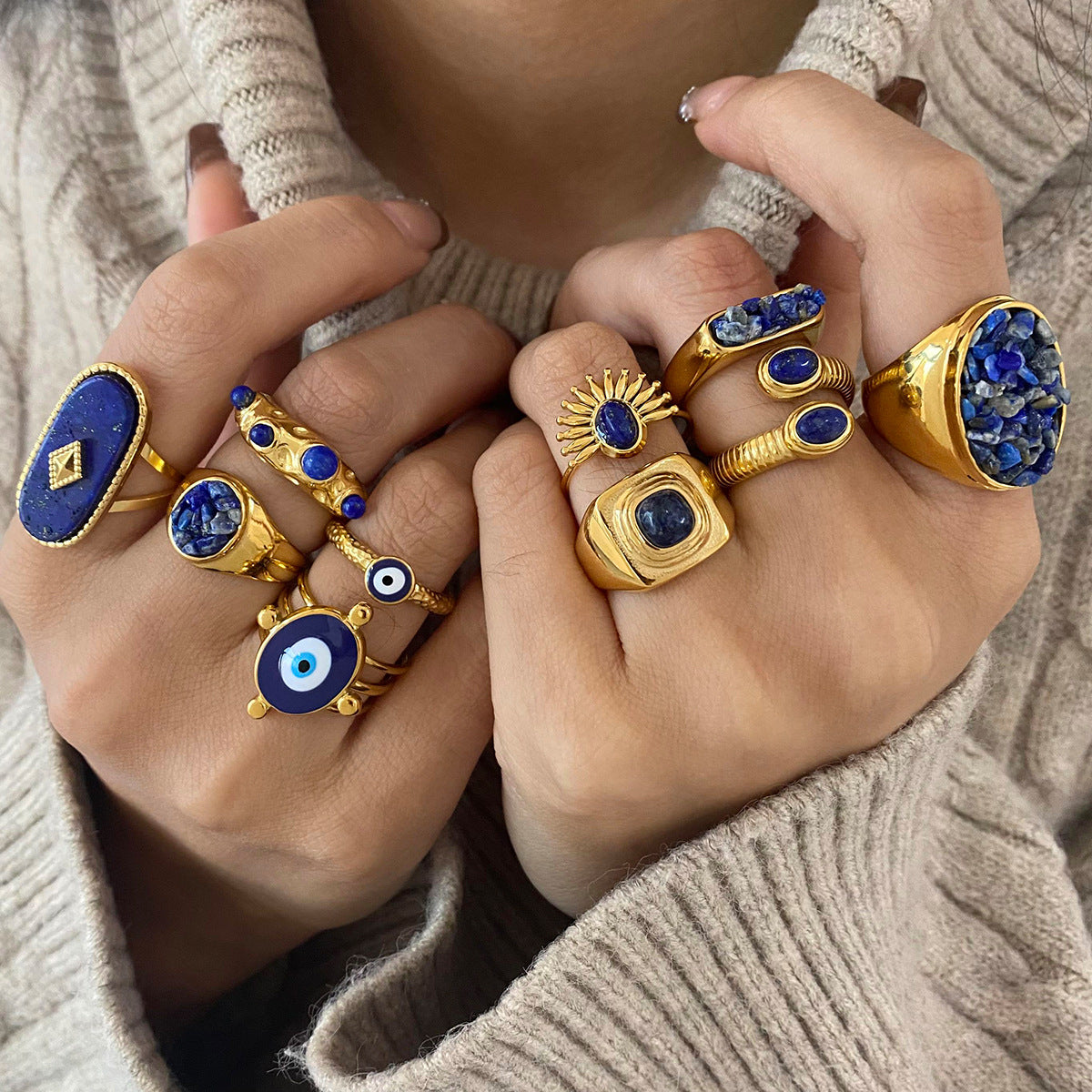 Stainless Steel Blue Color Natural Stone Ring Collection