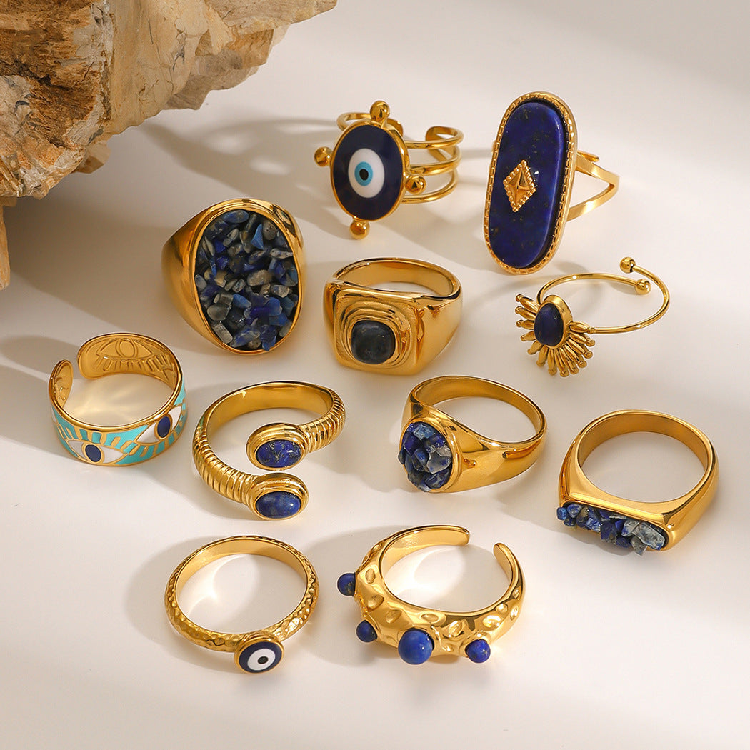 Stainless Steel Blue Color Natural Stone Ring Collection