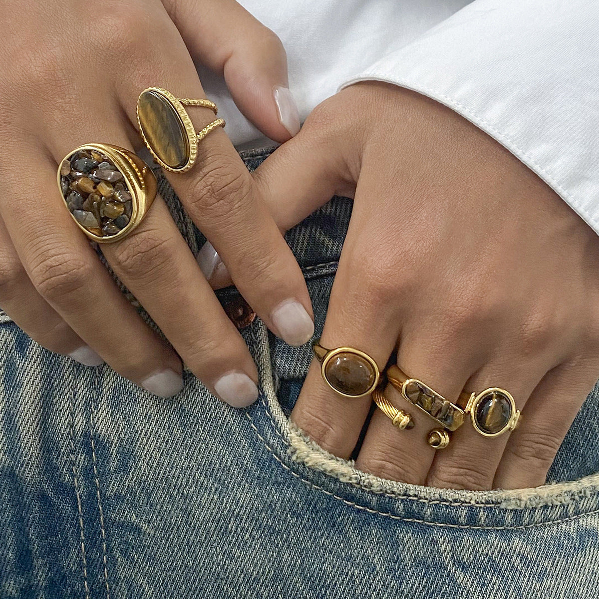 Stainless Steel Natural Tiger's Eye Ring Collection