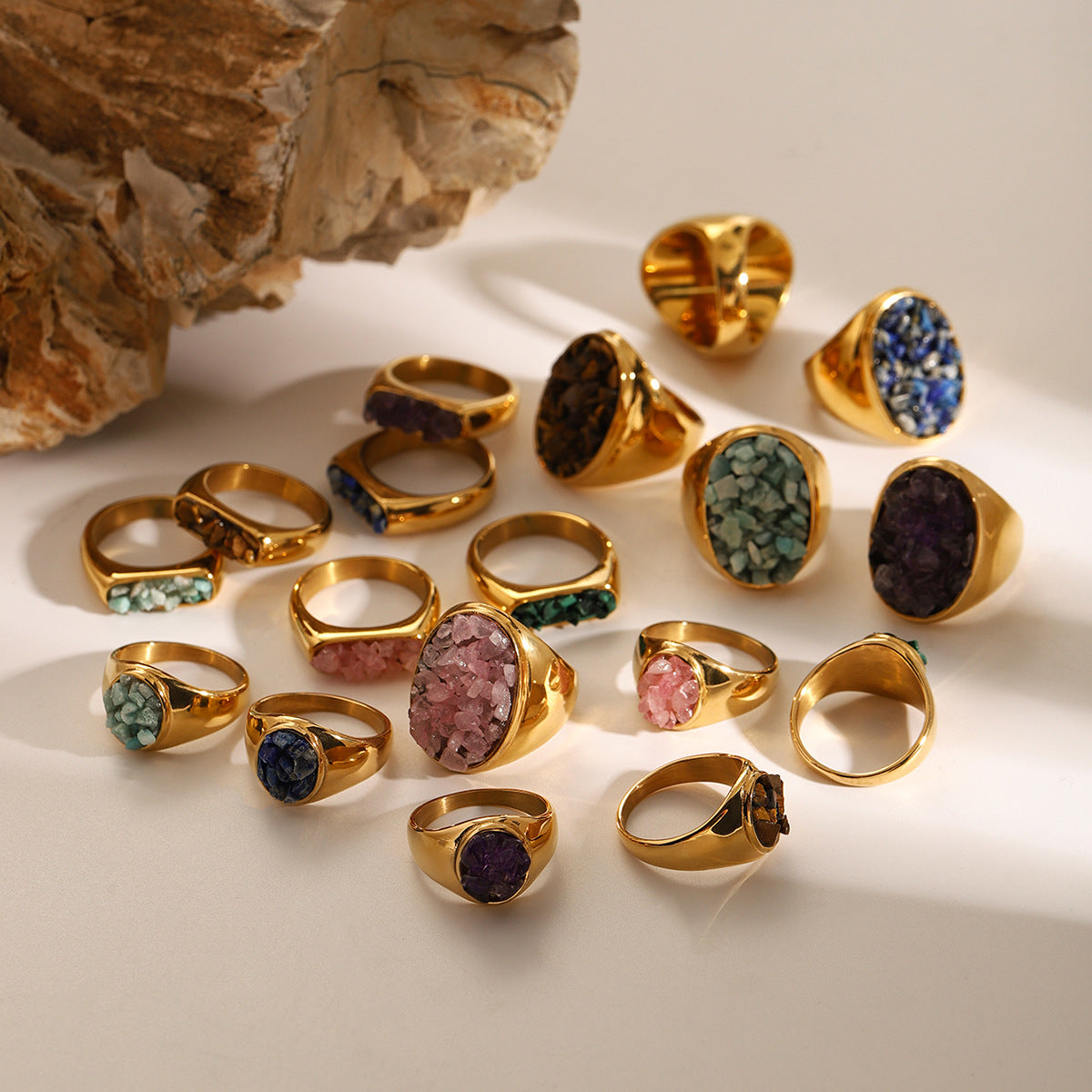 Stainless Steel Natural Stone Gravel Ring Collection