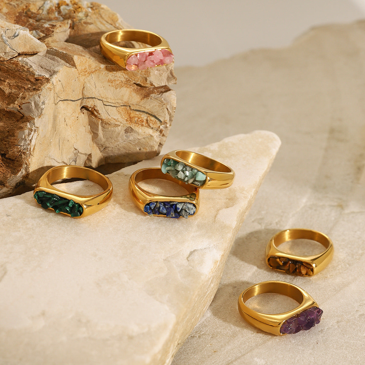 Stainless Steel Natural Stone Gravel Ring Collection