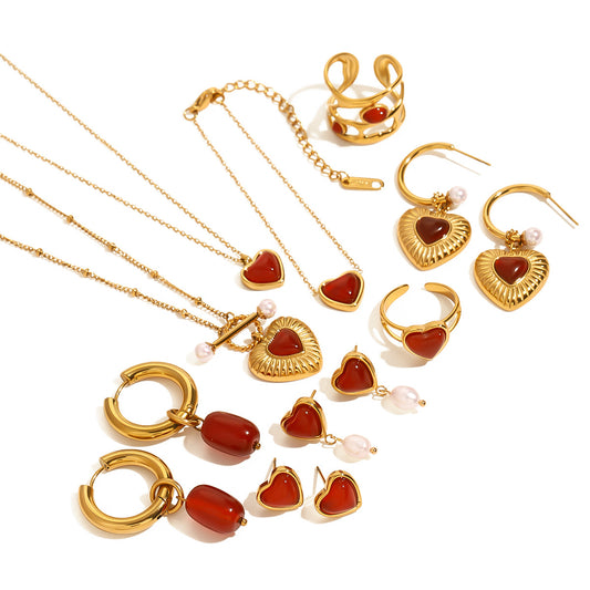 Stainless Steel Red Agate Heart Necklace Bracelet Ring Earrings Jewelry Suit