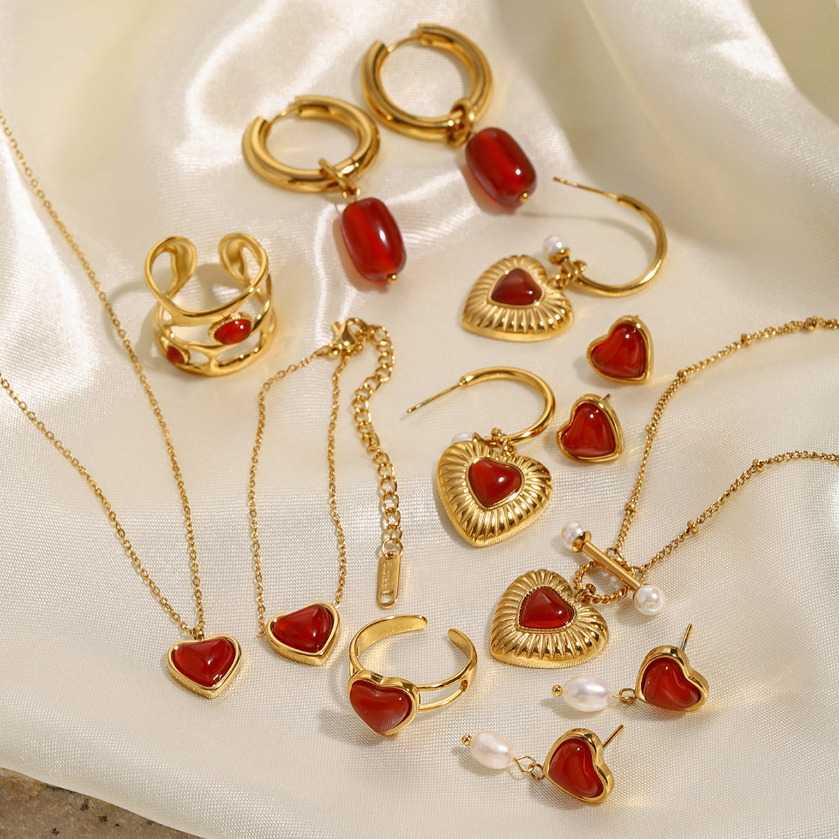 Stainless Steel Red Agate Heart Necklace Bracelet Ring Earrings Jewelry Suit