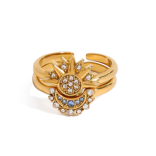 Stainless Steel Moon Cubic Zirconia Stacking Ring