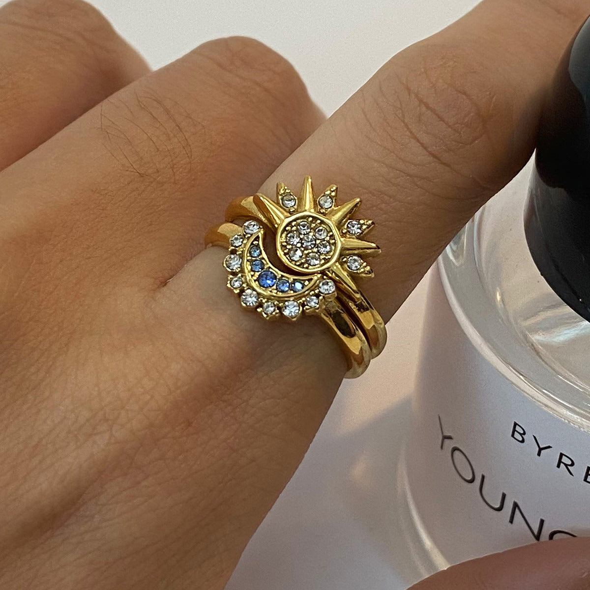 Stainless Steel Moon Cubic Zirconia Stacking Ring