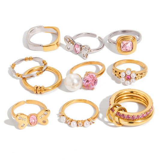 Stainless Steel Pink Cubic Zirconia Ring Combination