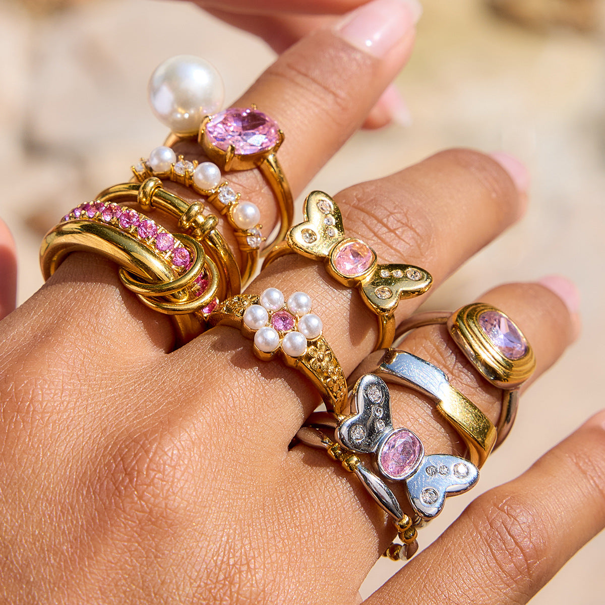 Stainless Steel Pink Cubic Zirconia Ring Combination