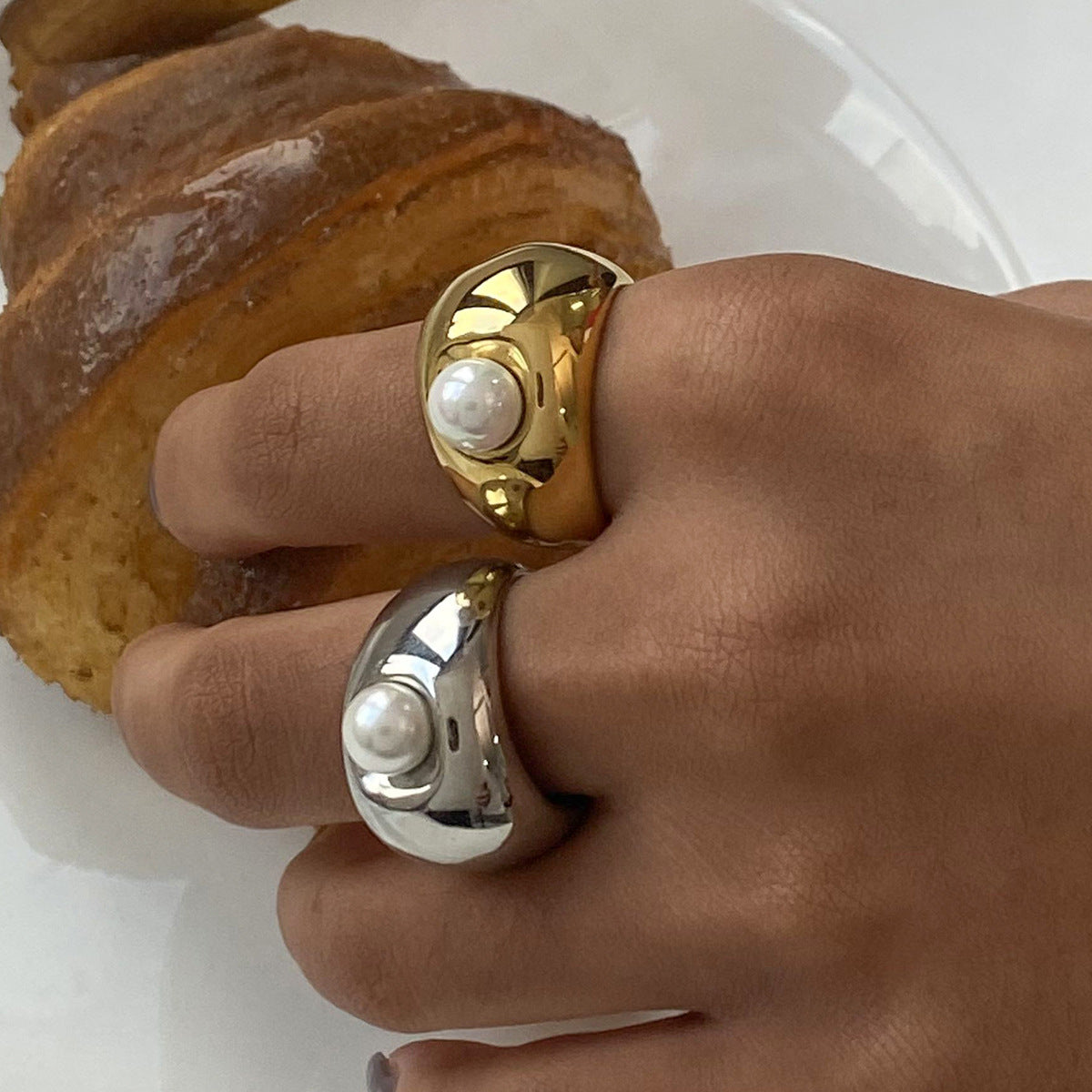 Stainless Steel Exaggerated Pearl Band Ring