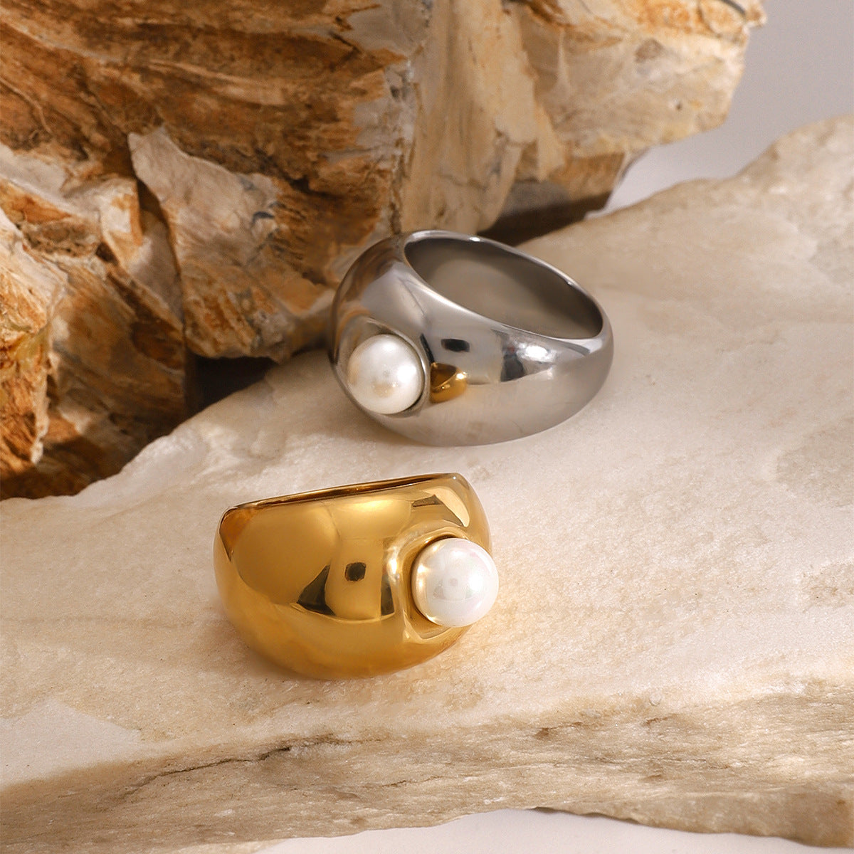 Stainless Steel Exaggerated Pearl Band Ring