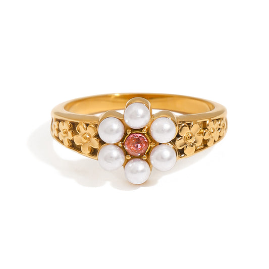 Stainless Steel Pearl Flower Cubic Zirconia Ring