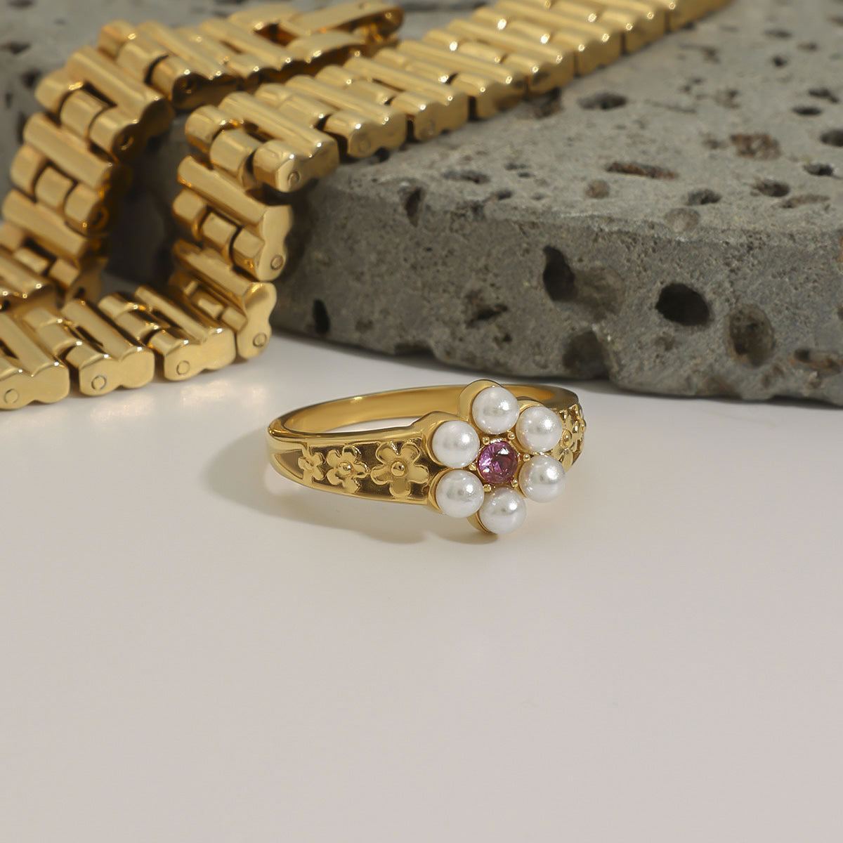 Stainless Steel Pearl Flower Cubic Zirconia Ring