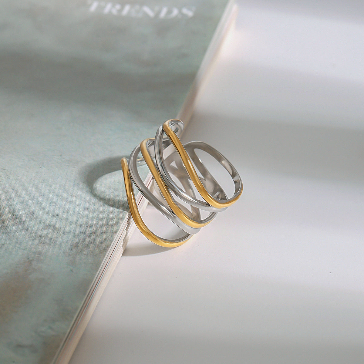 Stainless Steel Multi-layer Hollowed-out Line Open Ring