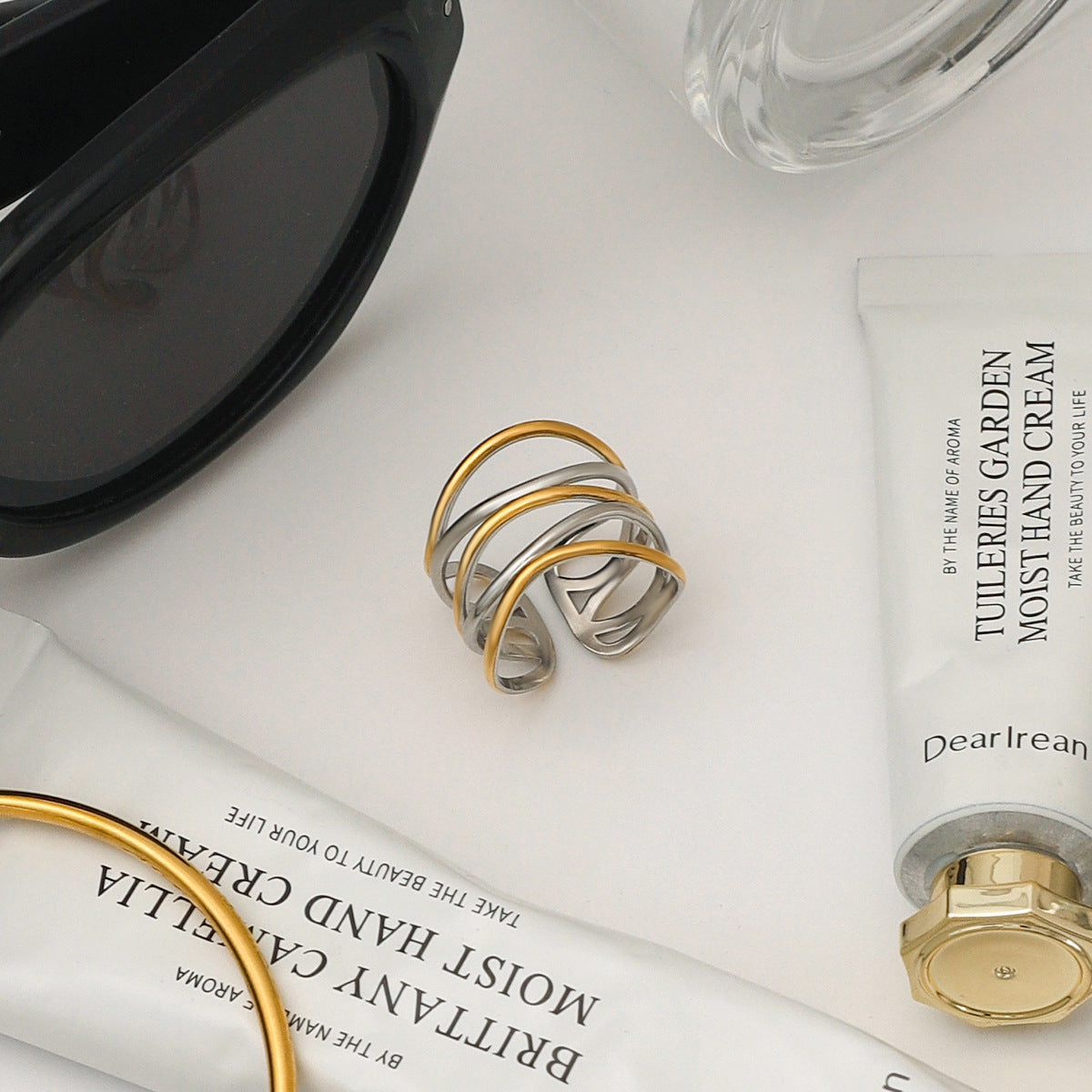 Stainless Steel Multi-layer Hollowed-out Line Open Ring
