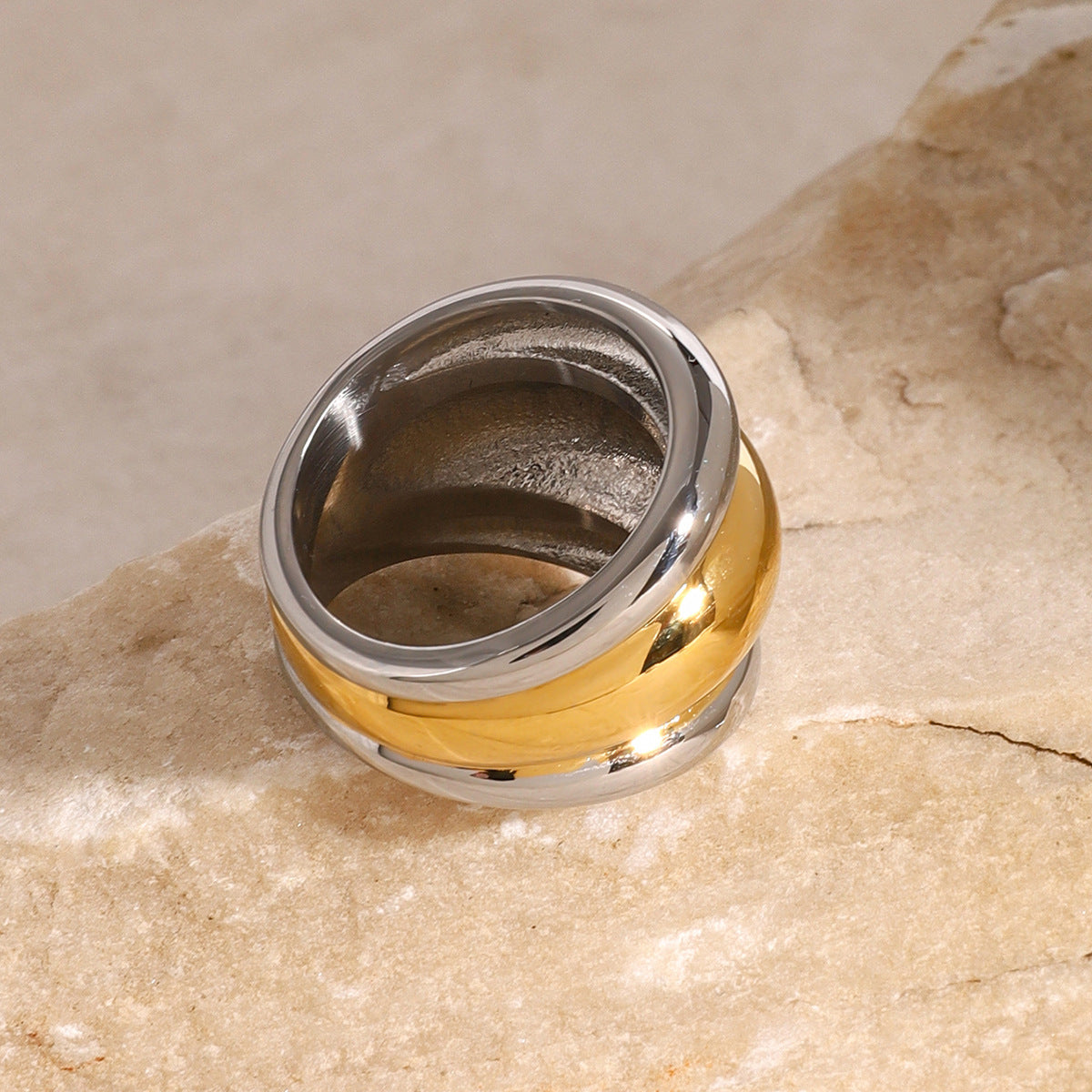 Stainless Steel Two-Tone Gold and Steel Band Ring
