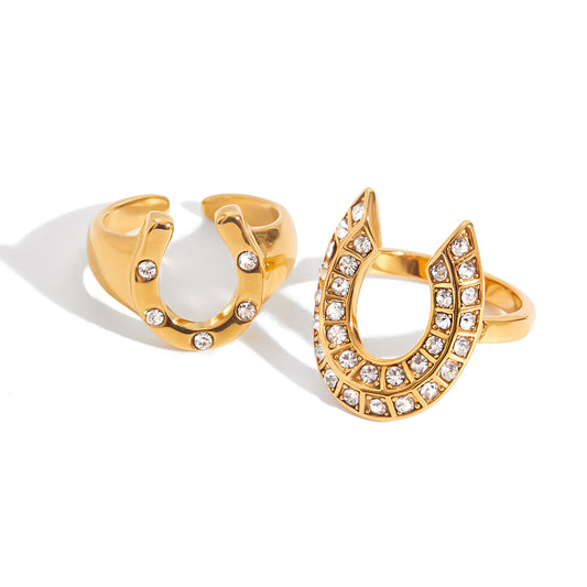Stainless Steel 18K Gold PVD White Rhinestone Horseshoe-shaped Ring