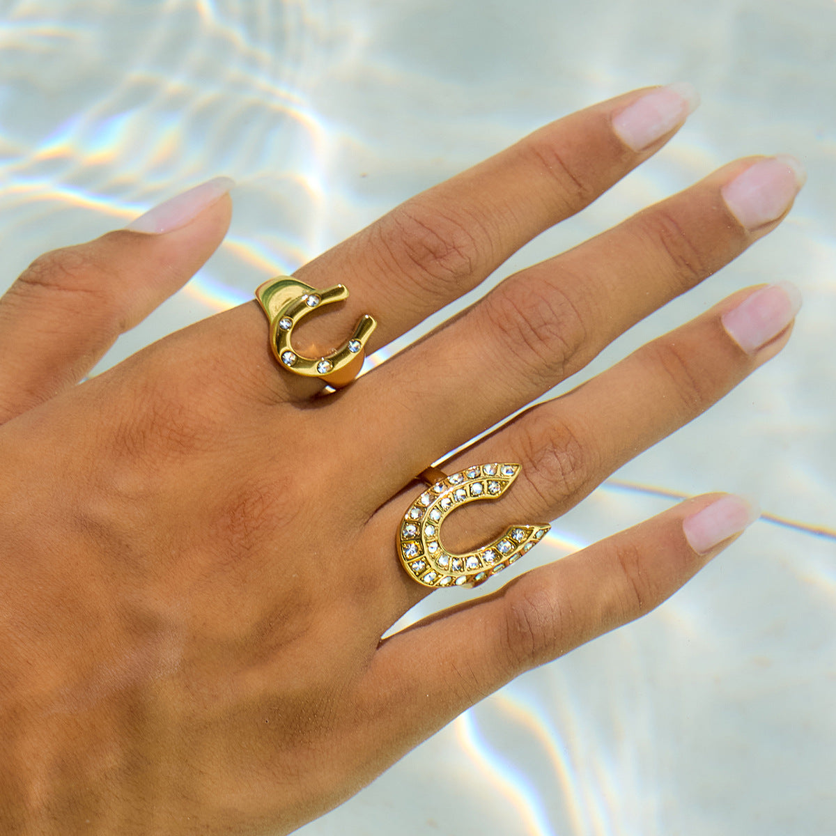Stainless Steel 18K Gold PVD White Rhinestone Horseshoe-shaped Ring