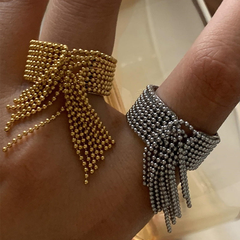 Stainless Steel Round Bead Tassel Open Ring
